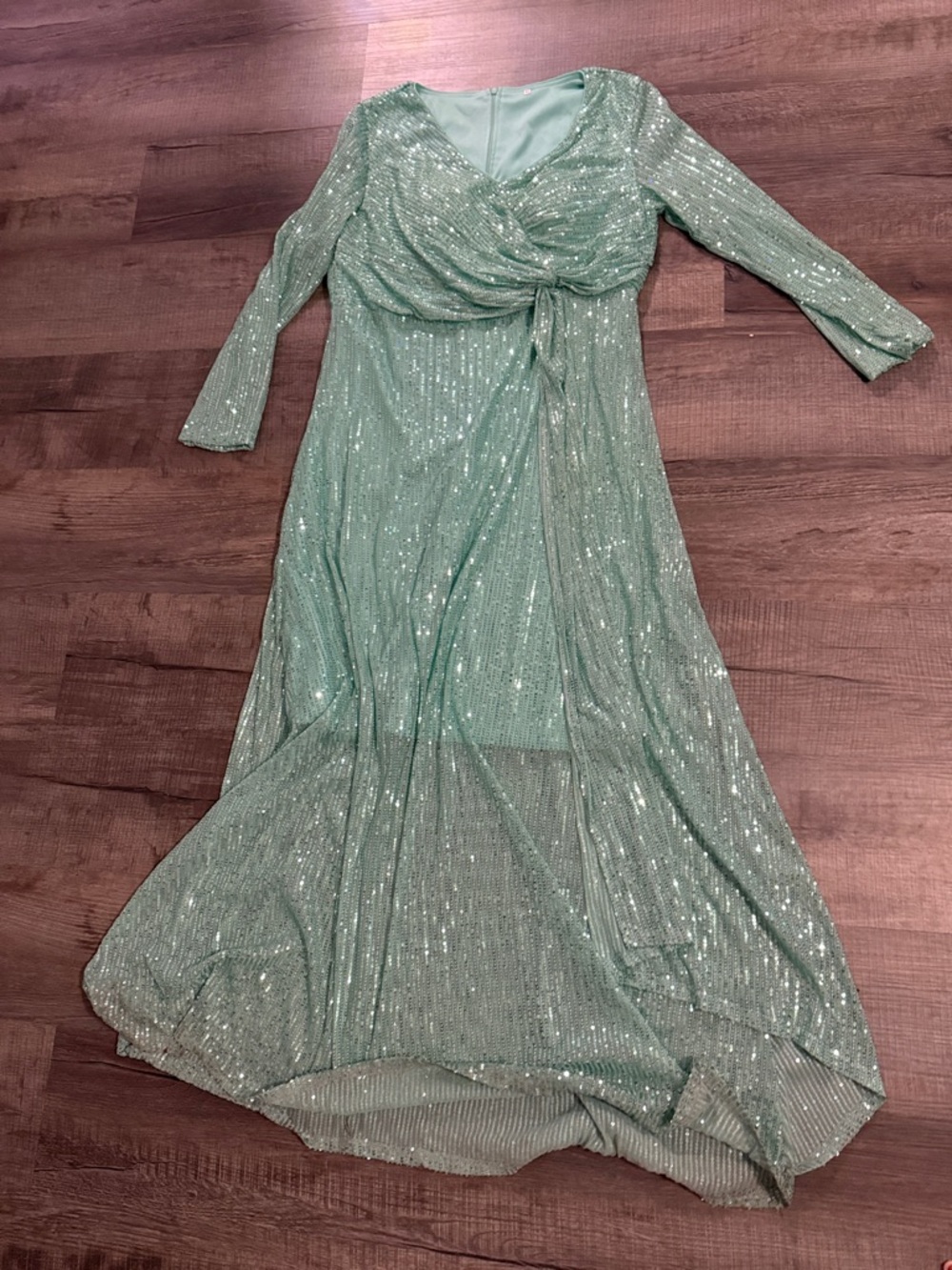 Elegant Seafoam Green Sequin Long Sleeve Wrap Dress